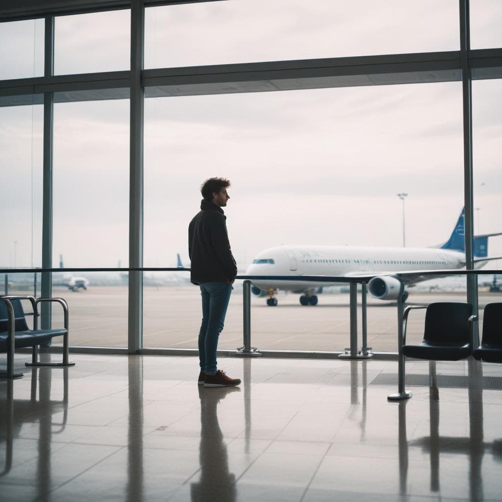 Junger Mann steht am Flughafen und blickt auf die Flugzeuge